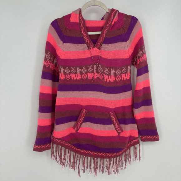 Alpaca Wool Youth XL Sweater Hooded Pink Striped Fringe Hem Pockets Made in Peru - Picture 2 of 12